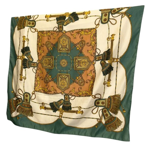 teal gold Italy vintage baroque tassels print scarf - Picture 1 of 4